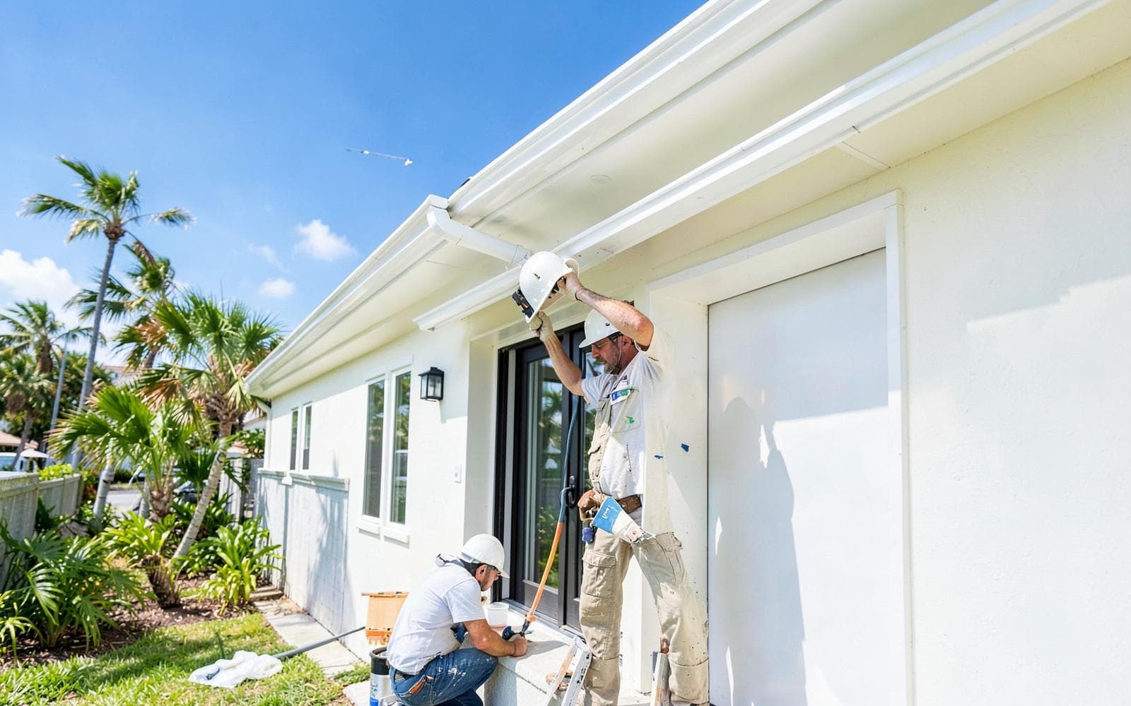 Beggs Home Services crew installing white seamless K-style gutters on a Palm Coast home