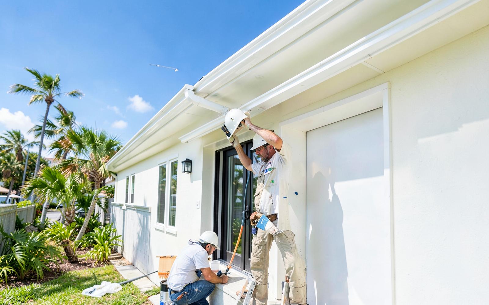 Beggs Home Services crew installing white seamless K-style gutters on a Palm Coast home